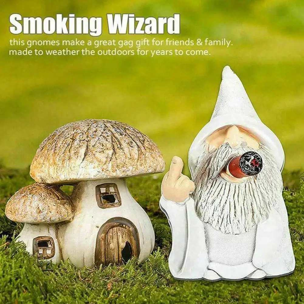 Smoking Wizard Statue Erect Middle Finger Provocative Gnome Landscape Garden Decoration Resin Garden Figurines Ornaments