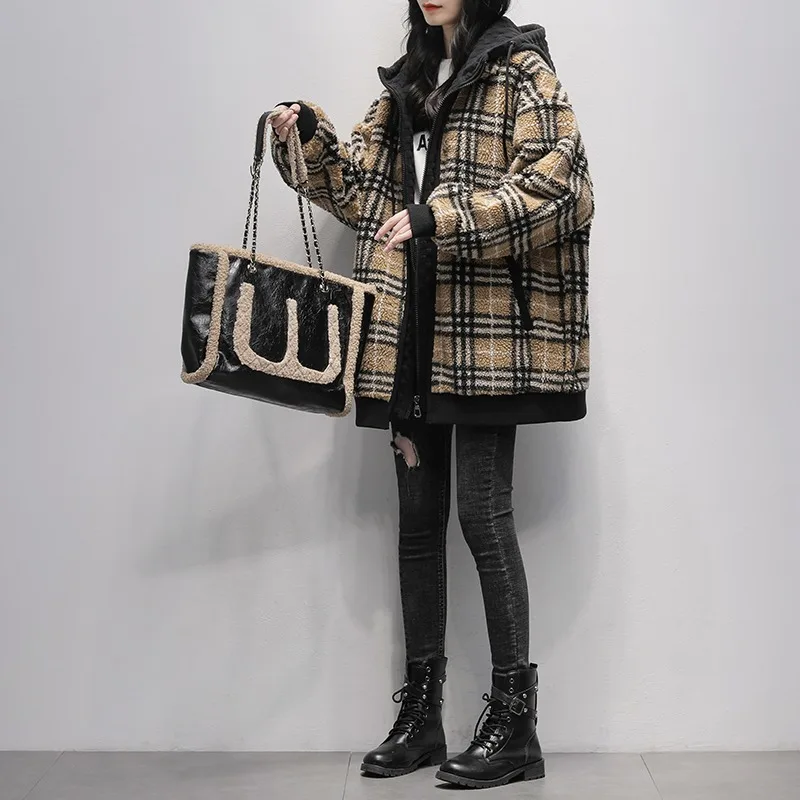 منقوشة الجسيمات Fce ort Jaet المرأة Thiened طويلة Sve مقنعين Faion التخسيس معطف فرو الضأن الشتاء تخفيف Sle