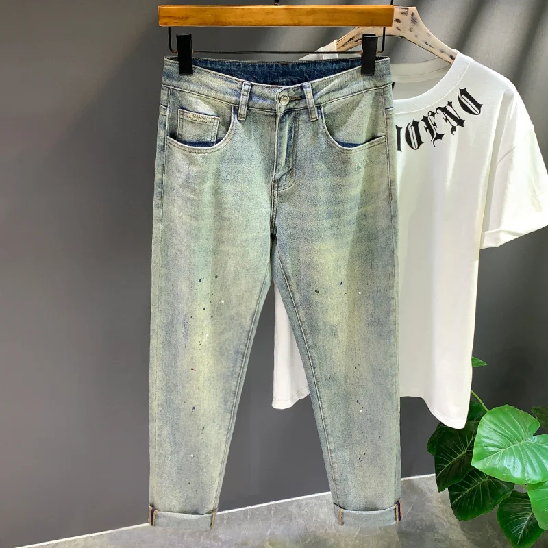 High-End gewaschene Mode Herren High Street Hosen tragen widerstands fähigen Brief druck schlanke gerade Hip-Hop-Stil Retro-Jeans