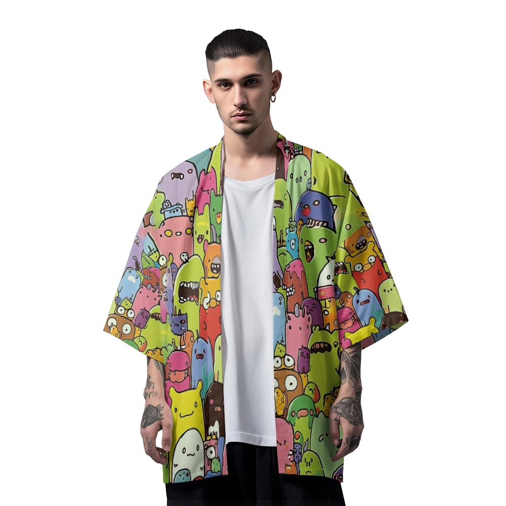 Classic Chinese Style Design Sense of National Tide Cute Anime Multi-pattern Color Toga Men's Fashion Casual Kimono Men's Tops