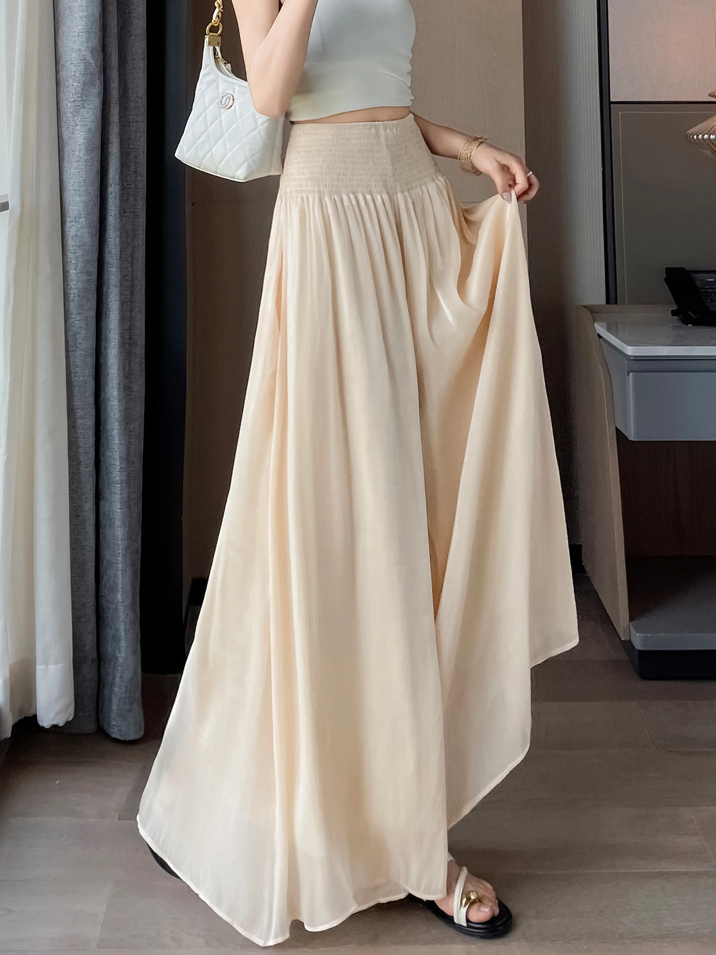 

Summer Ice Silk Cool Feeling Flowing Wide Leg Pants Women's High Waist Casual Floor Length Skirt Pants Elegant Draped Trousers