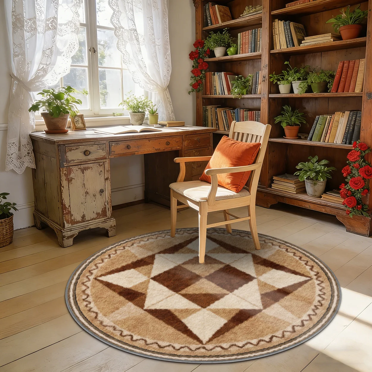 Rustic Diamond Geometric Beige Brown Border Star Pattern Round Carpet For Country Study With Earthy Tone Carpet Ground