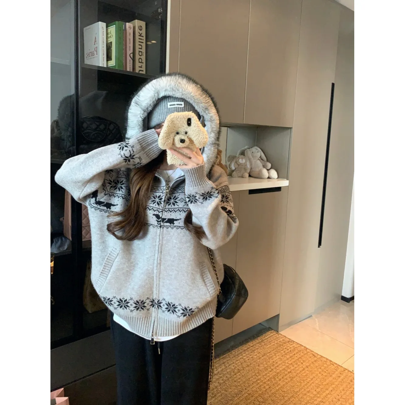 

Свободный женский вязаный свитер-худи с длинными рукавами, узором Fair Isle, осенне-зимний, больших размеров, в американском стиле