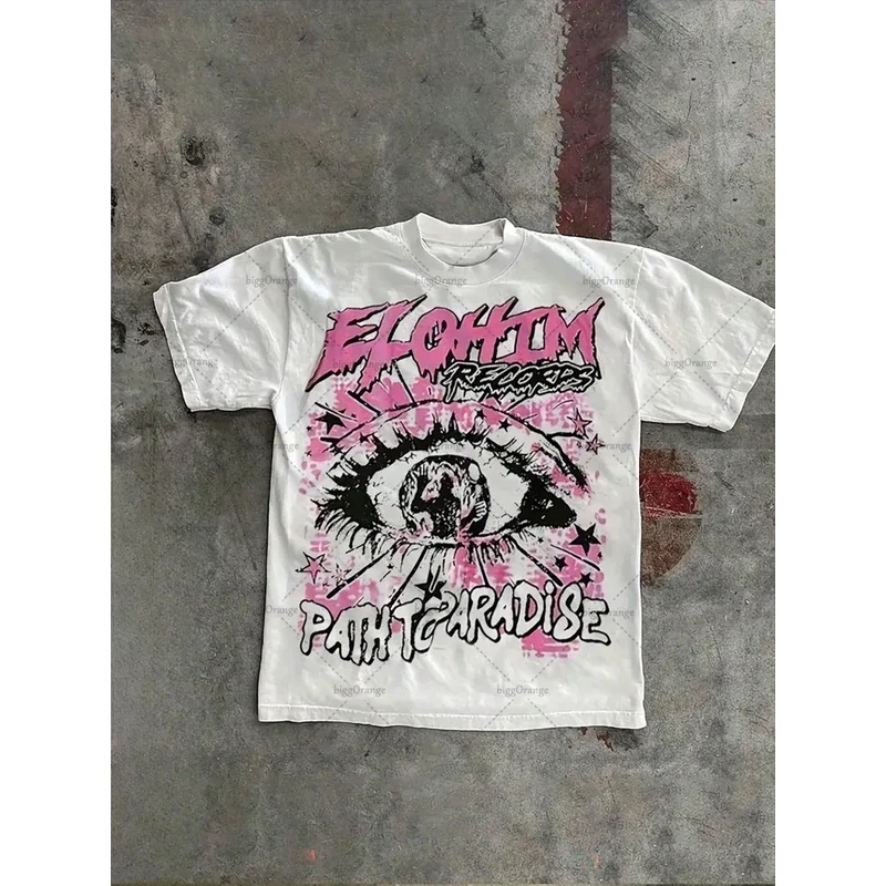 تي شيرت dd54Punk Street Y2k برقبة دائرية من القطن الخالص مطبوع عليه حروف فضفاضة بأكمام قصيرة ملابس على الموضة على طراز الهيب هوب