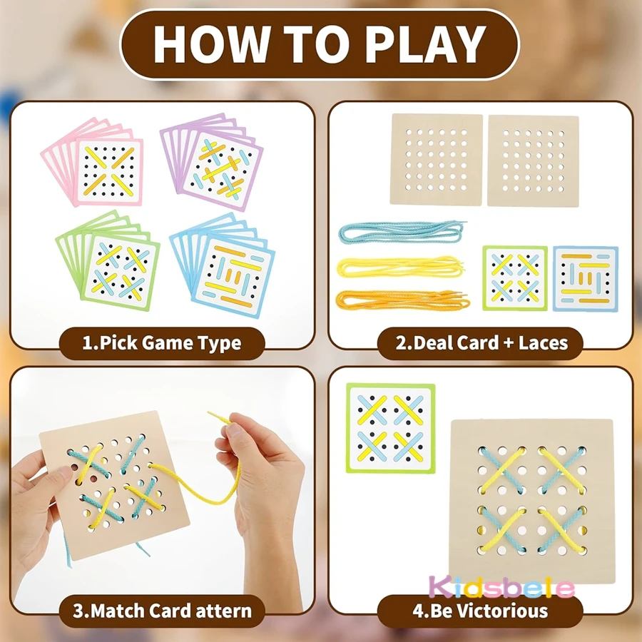 Kleinkinder Holzseilbrett Motorik Sensorisches Spielzeug mit 20 Karten und 6 Seilen Montessori Logisches Denken Geschenk für Weihnachten