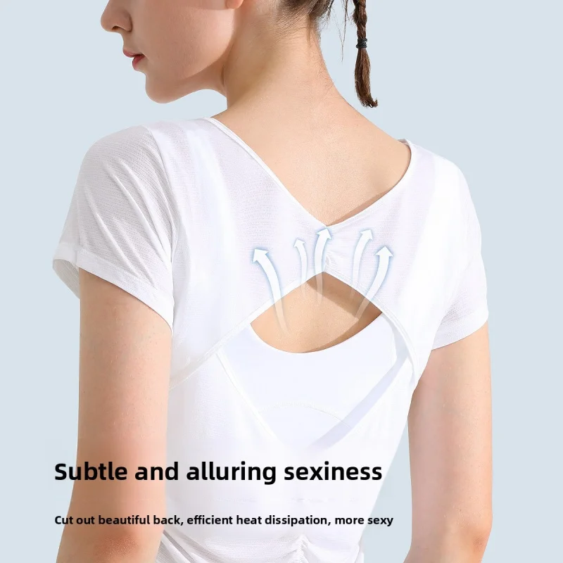 2026 Yoga short-sleeved women's beautiful back mesh breathable smock, quick-drying sports T-shirt, running training fitness clot