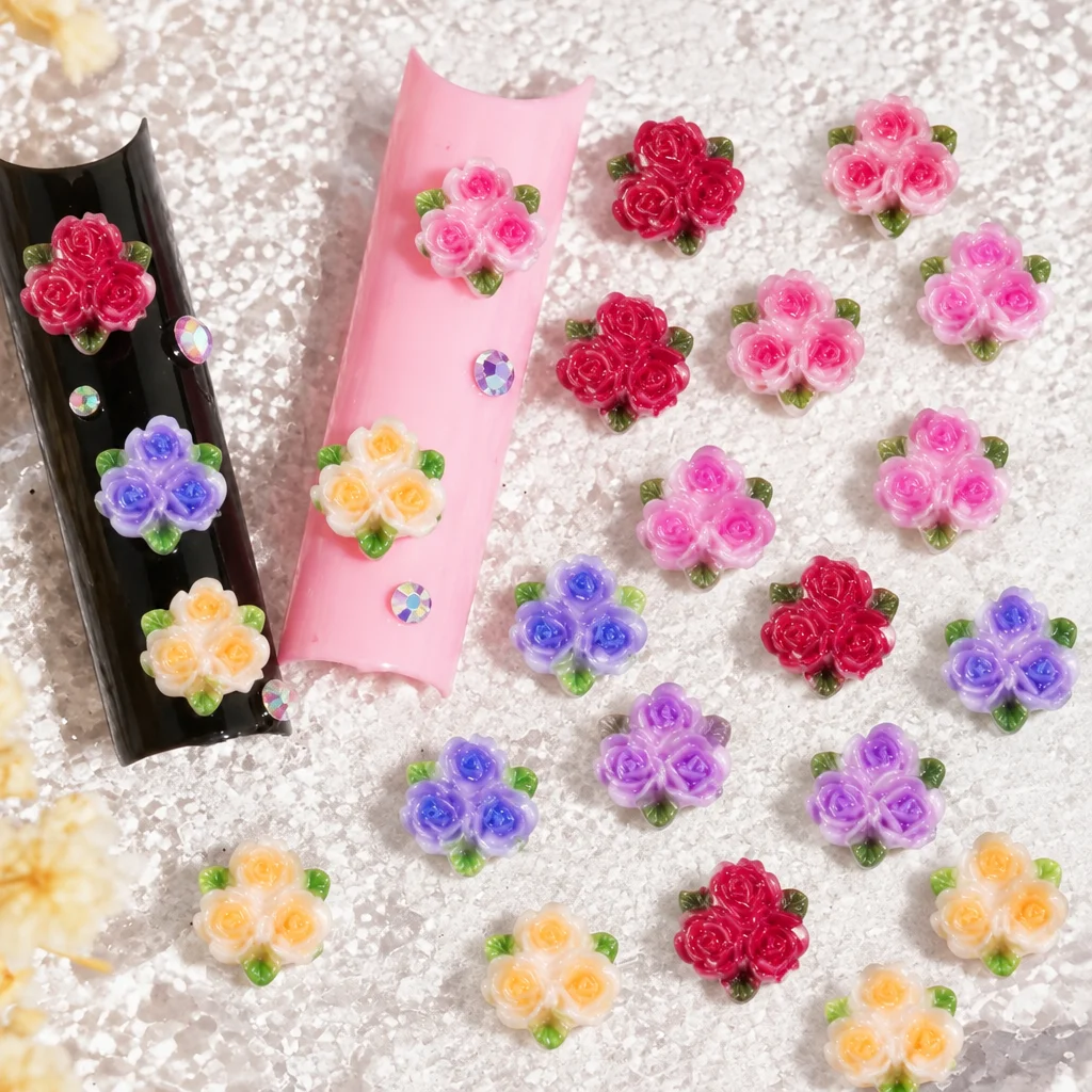 50pcs Rose Cluster Green Leaf Nail Art Charms Gradient Red Pink Purple Yellow Rose Nail Decoration Resin Flower Manicure Accesso