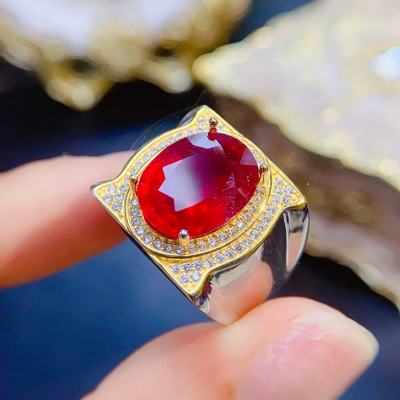 Super Luxury Natural Heated Ruby Ring for Men 10mm*12mm 5ct Ruby Silver Ring 3 Layers 18K Gold Plating 925 Silver Man Jewelry