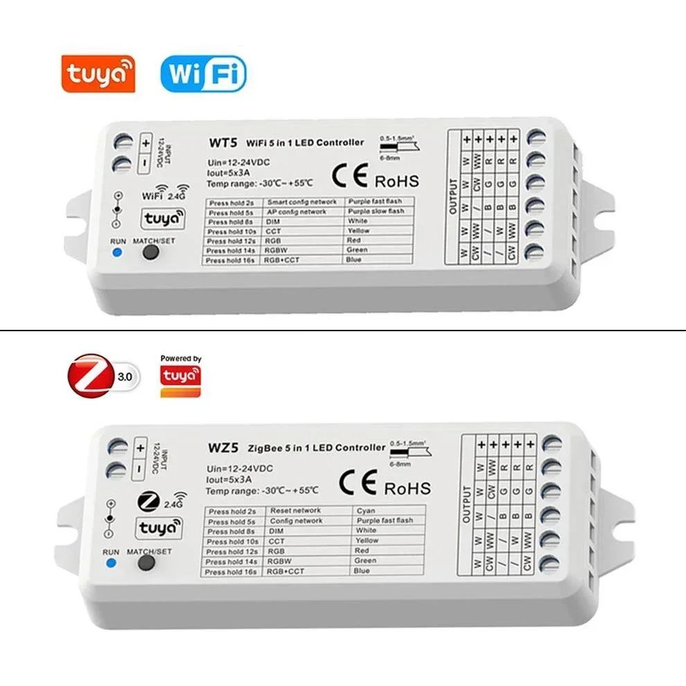 

(TUYA+WIFI / TUYA+Zigbee3.0) 5 in 1 Smart Led Controller use for Single color /DIM /RGB /RGBW/ RGBCCT LED Strip