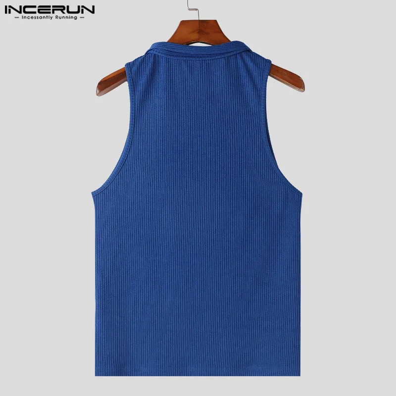 INCERUN Men Tank Tops Solid Color Lace Up Knitted V Neck Sleeveless Vests Summer Fitness 2024 Streetwear Fashion Men Clothing