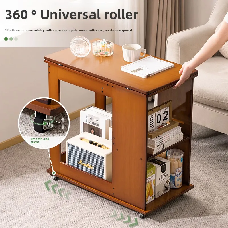 Movable Side Table Vintage Coffee Table with Wheels Folding Cart Living Room Storage Solid