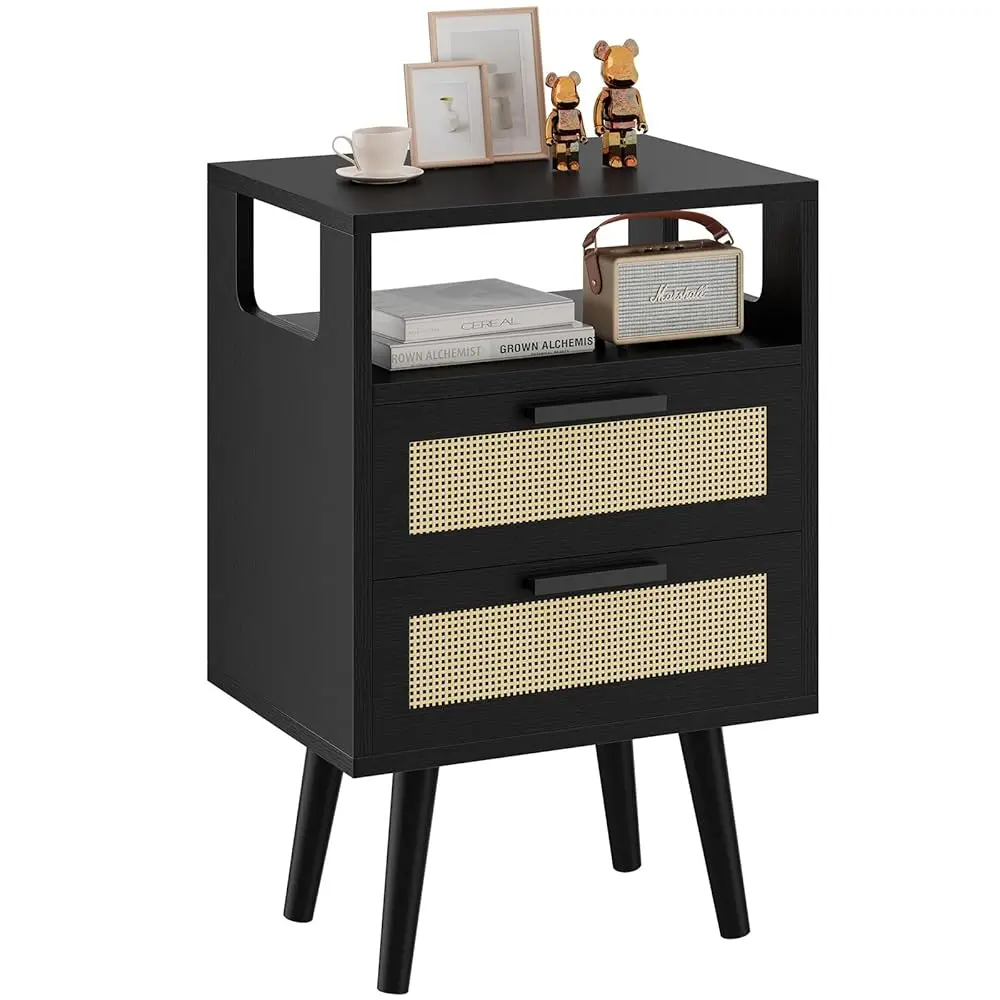

Nightstand With 2 Drawers, Boho Side Table, Handmade Rattan Decorated, Open Shelf Unit With Arched Design, Solid Wood Legs,