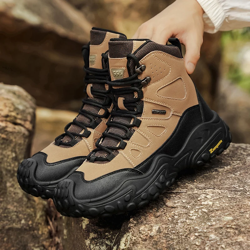 Men Plus Size Winter Boots Tactical Hiking Shoes Thick Rugged Sole High Top Sneakers Casual Outdoor Work Footwear