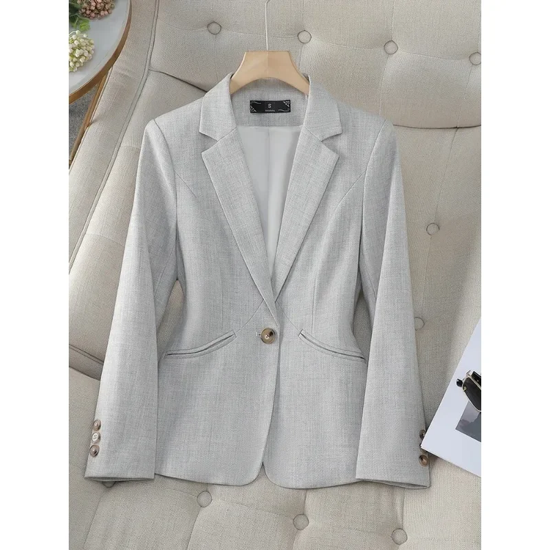 Fashion Women Formal Blazer Ladies Gray Khaki Blue Female Long Sleeve Single Button Business Work Wear Jacket For Autumn Winter