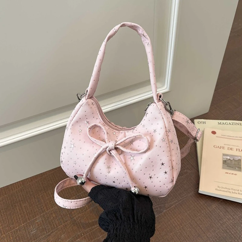 Sweet Star Polka Dot Bow Umhängetaschen für Damen, vielseitige tragbare Damen-Umhängetasche, einfache, leichte Hobos-Handtasche für Mädchen