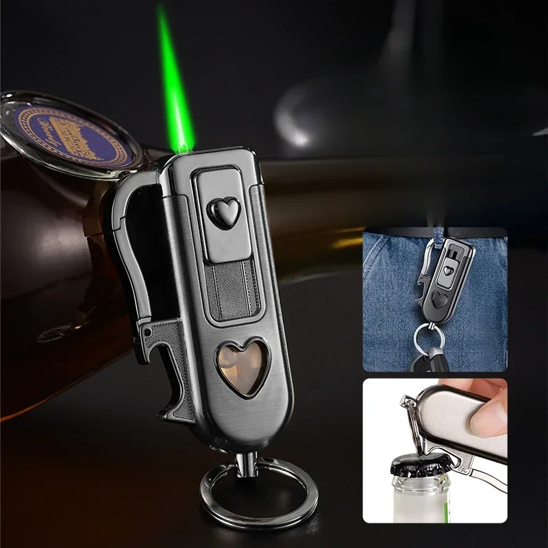 

Multifunctional Portable Keychain Windproof Jet Green Flame Butane Gas Lighter Portable Bottle Opener Inflatable Lighters Gadget