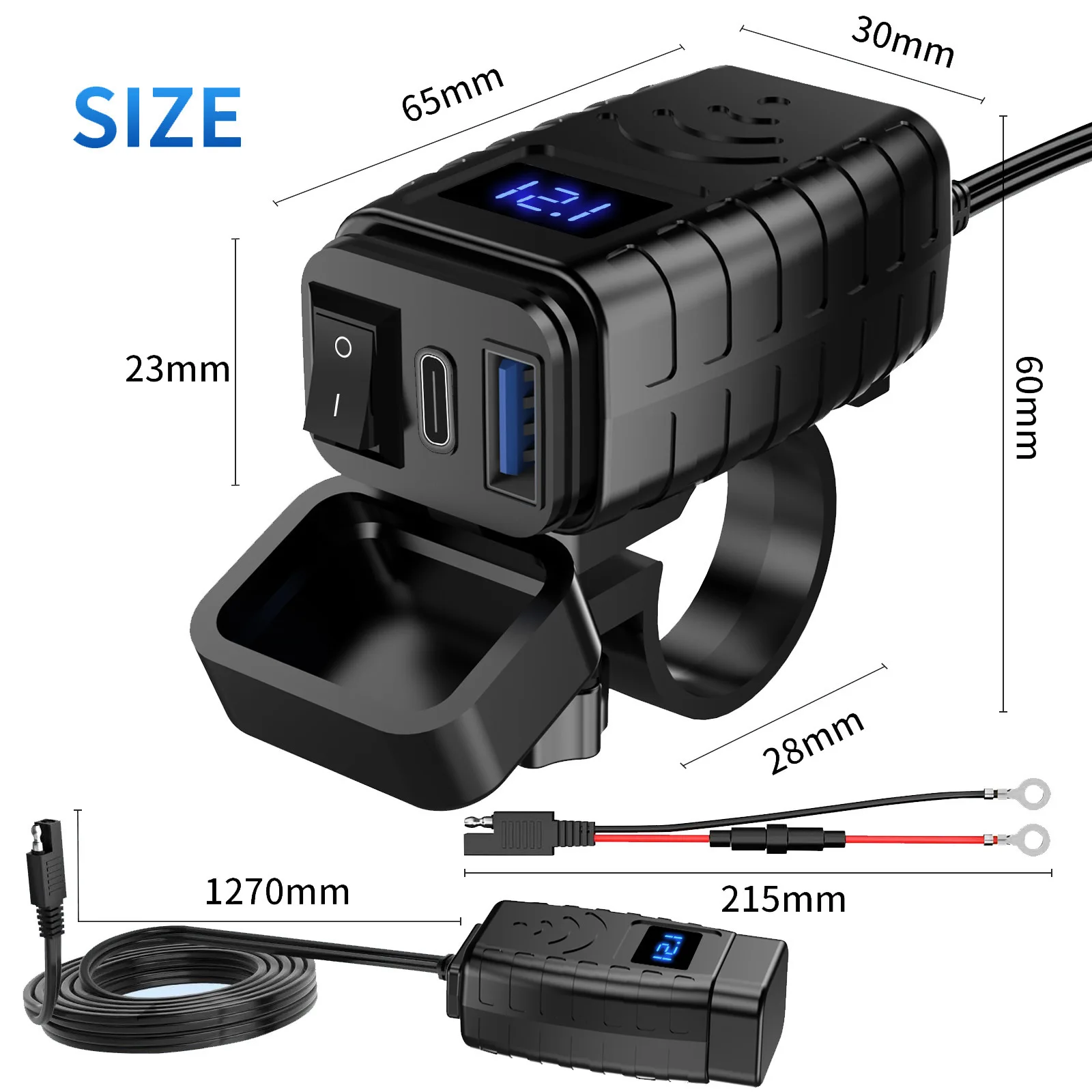 Motorcycle USB Fast Charger Waterproof Socket with Type C QC3.0 Power Outlet Moto Phone Charger with Voltmeter &Switch