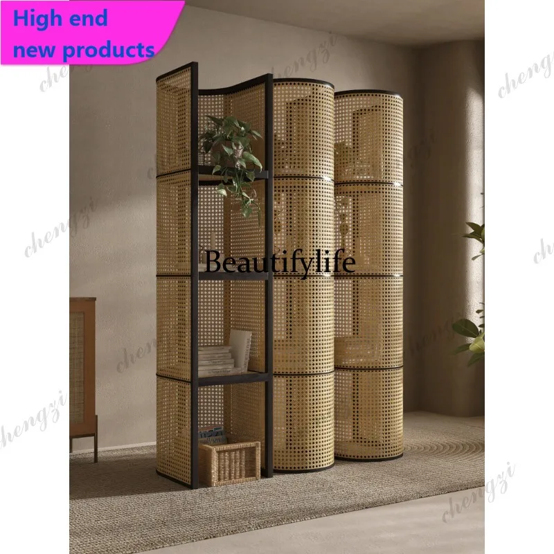 Nordic rattan shelves, multi-layer floor bookshelves, retro home multi-layer storage display shelvesA68
