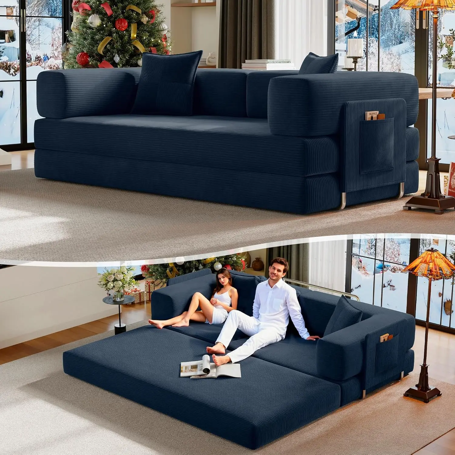 

Диван-кровать-футон-кабриолет 78,8 дюйма, вельветовый диван-футон с карманом для хранения, складной выдвижной диван, без костей в сборе для L