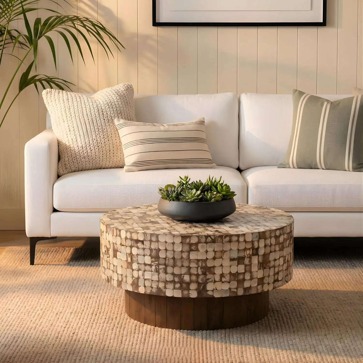 

Round Boho Coffee Table Coconut Shell Inlay Wood Base Living Room 32in Natural Coastal,Customized