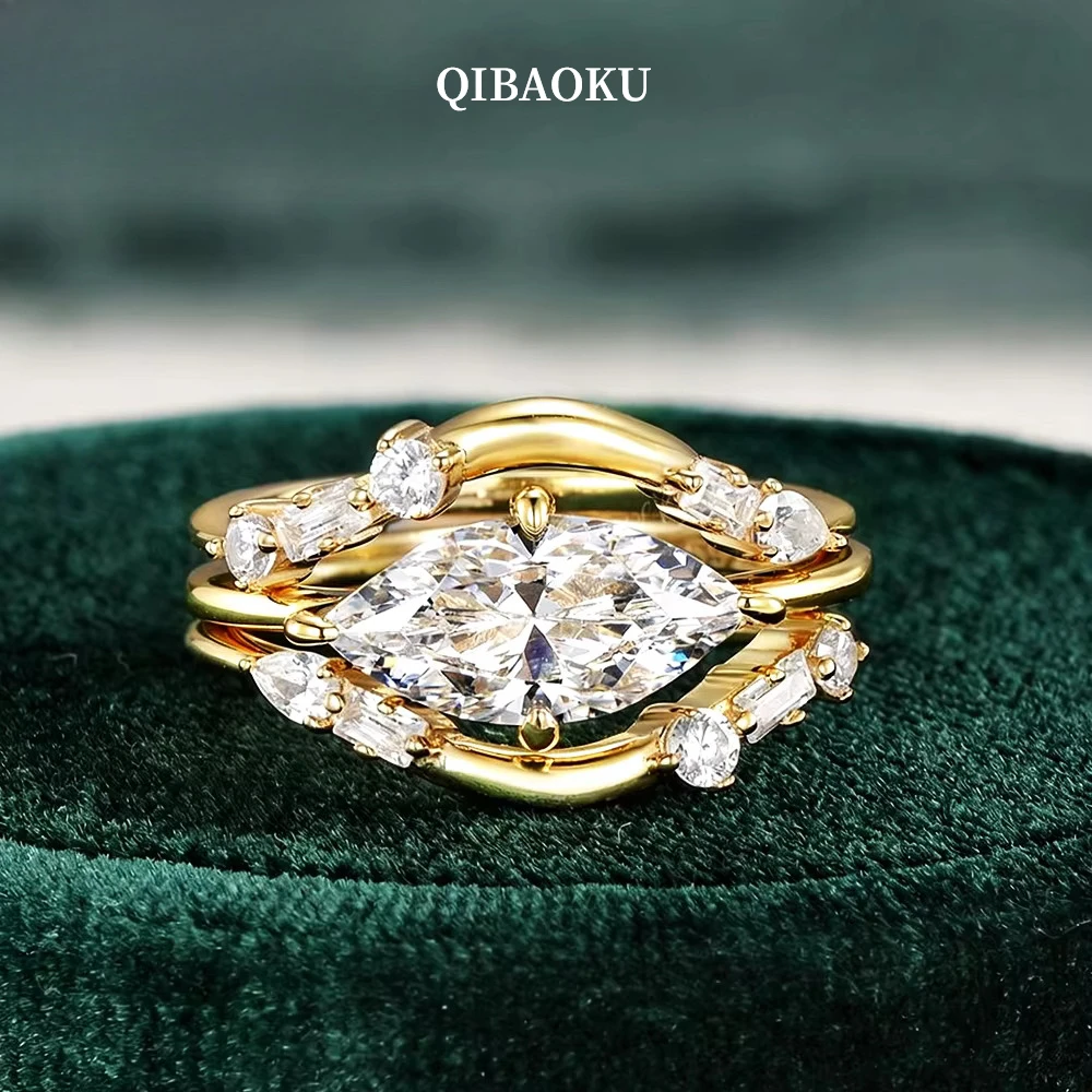 QIBAOKU Marquise Moissanite Ring Set 100% S925 Silver Diamond Cluster Stacking Band for Women Bridal Wedding Gift Jewelry 2026