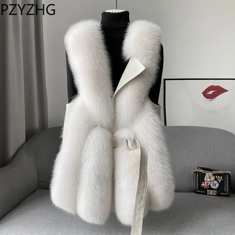 New 2023 Autumn Winter Women Faux Fox Fur Coat Mid Length Version Waistcoat Fashion Vest Casual Keep Warm Patchwork Waistcoat