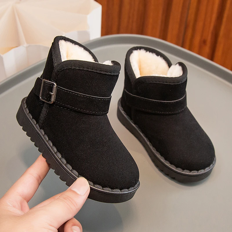 New 2024 Kids Snow Boots Girls Ankle Winter Boots Warm Plush Boys Fur Shoes Children Buckle Platform Boots Size 23-36