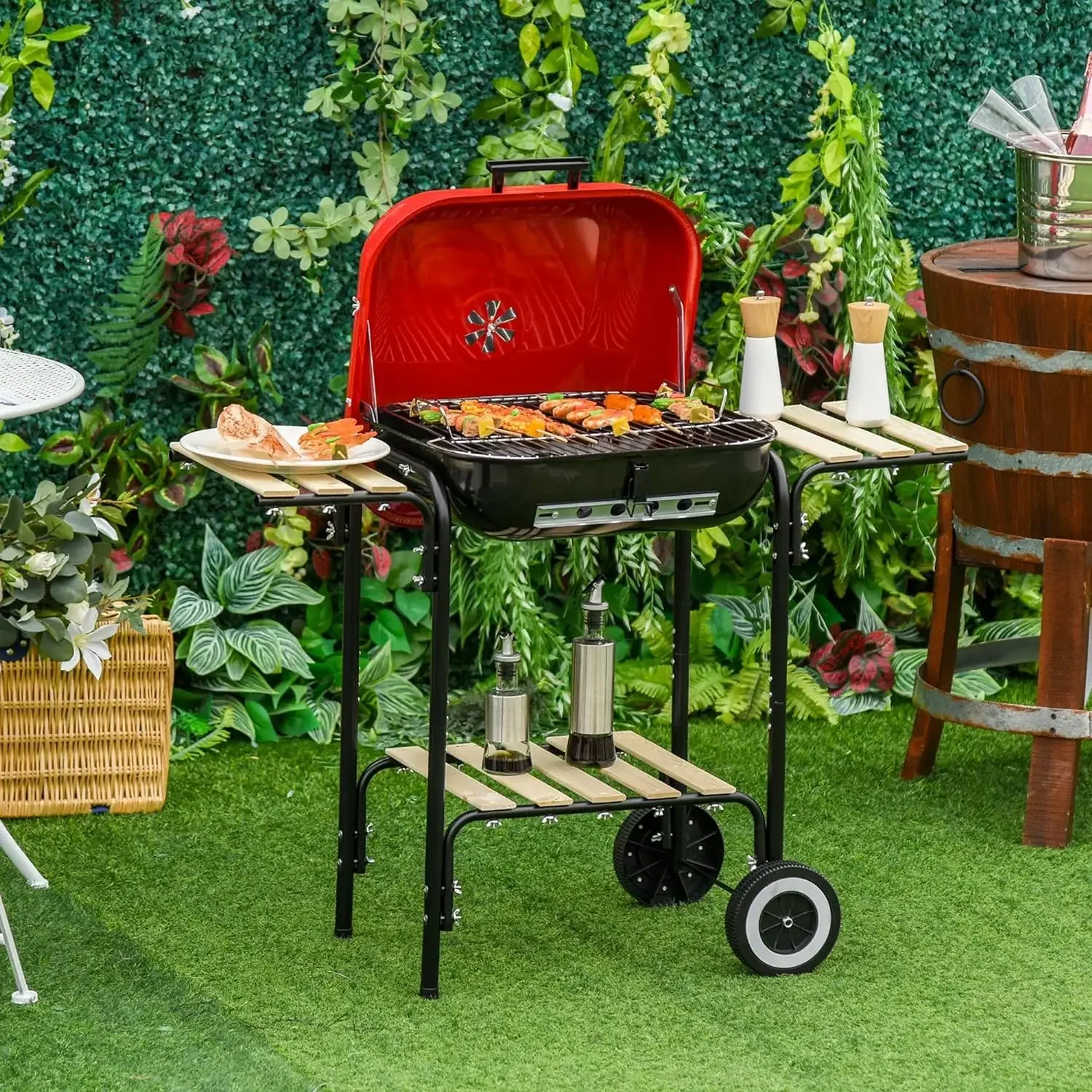 Portable Charcoal Grill with Two Side Shelf and Bottom Shelf, BBQ Smoker with Wheels and Adjustable Vents on Lid for Picnic