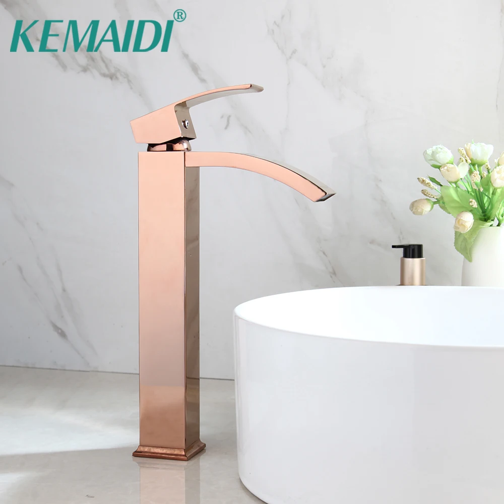 

KEMAIDI Bathroom Waterfall Faucet Rose Gold Sink Basin Mixer Deck Mounted Solid Brass Water Power Basin Tap Washbasin Taps