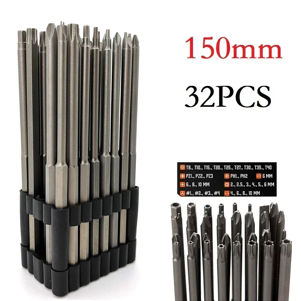 32pc 150mm chave de fenda bits longo torx à prova de violação chave de fenda broca universal 1/4 polegada hex haste ph1 ph2 pz1 pz2