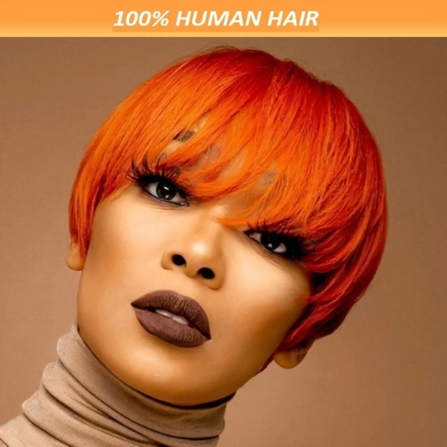 Pixie Cut Brazilian Straight Human Hair 150% Density 6inch Orange with Bangs - Full Machine Made Wig, Rose Net Cap