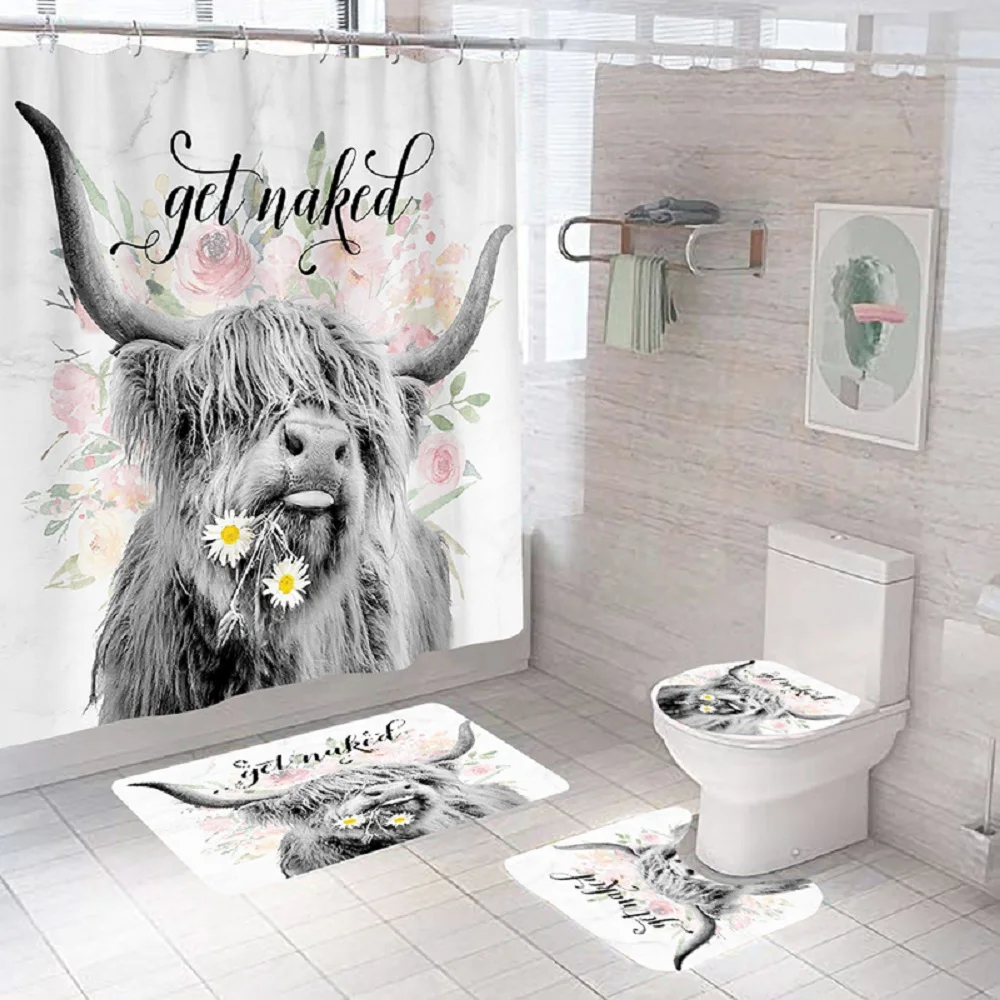 

Funny Highland Cattle Shower Curtain set Non-Slip Rugs Toilet Cover Bath Mat Farmhouse Bull Floral Bath Curtains with Hooks