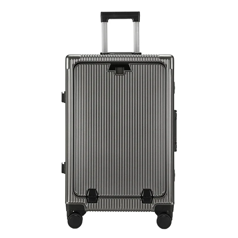 Maleta de aluminio con apertura frontal, carga USB y portavasos plegable, silenciosa 360 °   Ruedas y cerradura TSA