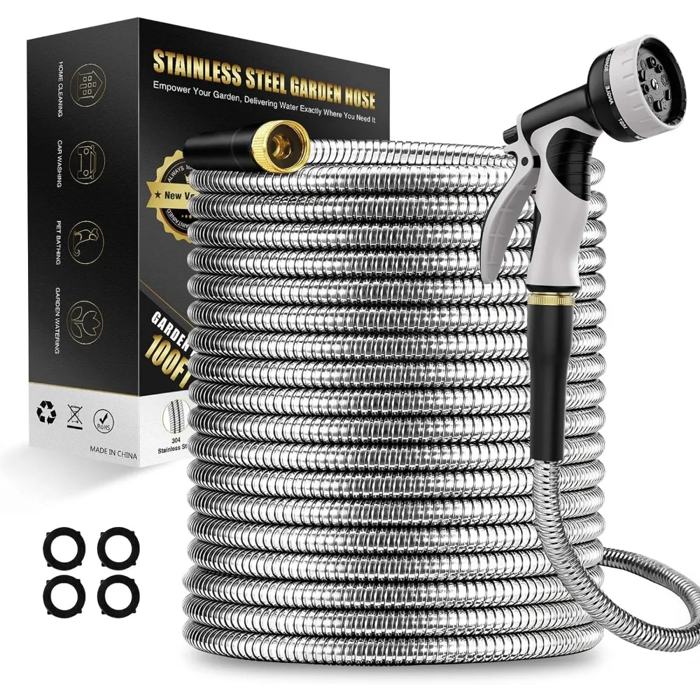 

Metal Garden Hose,100Ft Stainless Steel Water Hose,Heavy Duty Outdoor Hose with 10 Function Nozzle,Leak Proof,Garden Hose