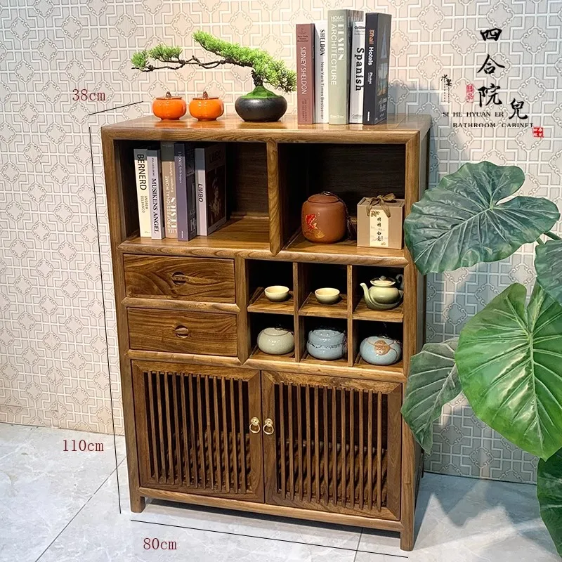 Old elm new Chinese furniture Xiaoduobao Pavilion Zen storage cabinet Walnut tea  Solid wood living room dining side cabinet