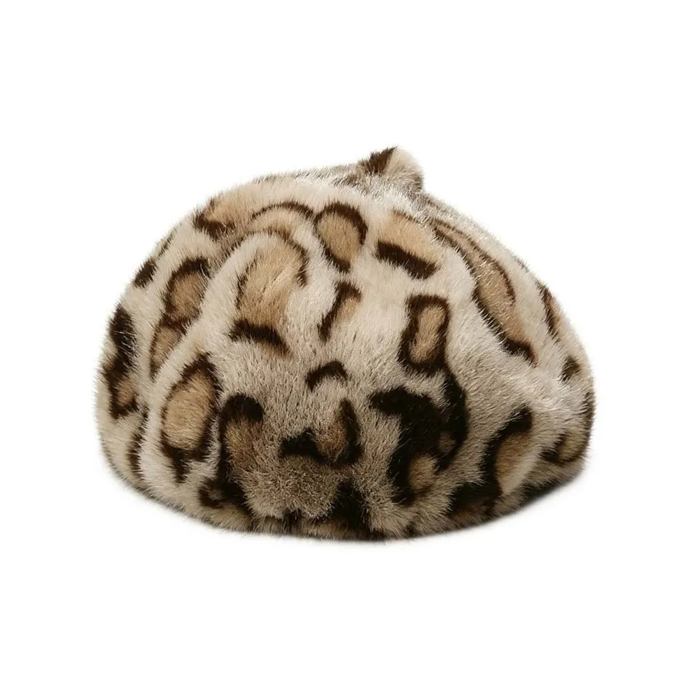 Winter Warm Bonnet Furry Faux Mink Beret Soft Thickened Leopard Print Hat Luxury Thermal Plush Octagonal Cap Dating