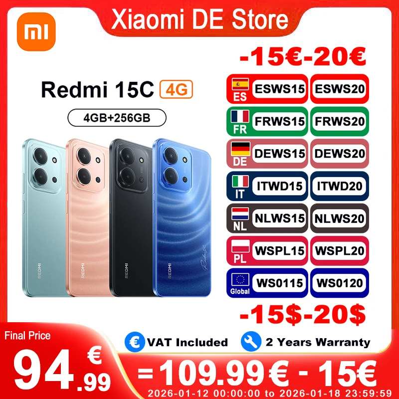 【Marke+】Globale Version Redmi 15C 4G Mobiltelefon 50MP AI Dual Kamera 6000mAh 33W Schnellladendes Mobiltelefon Smartphone