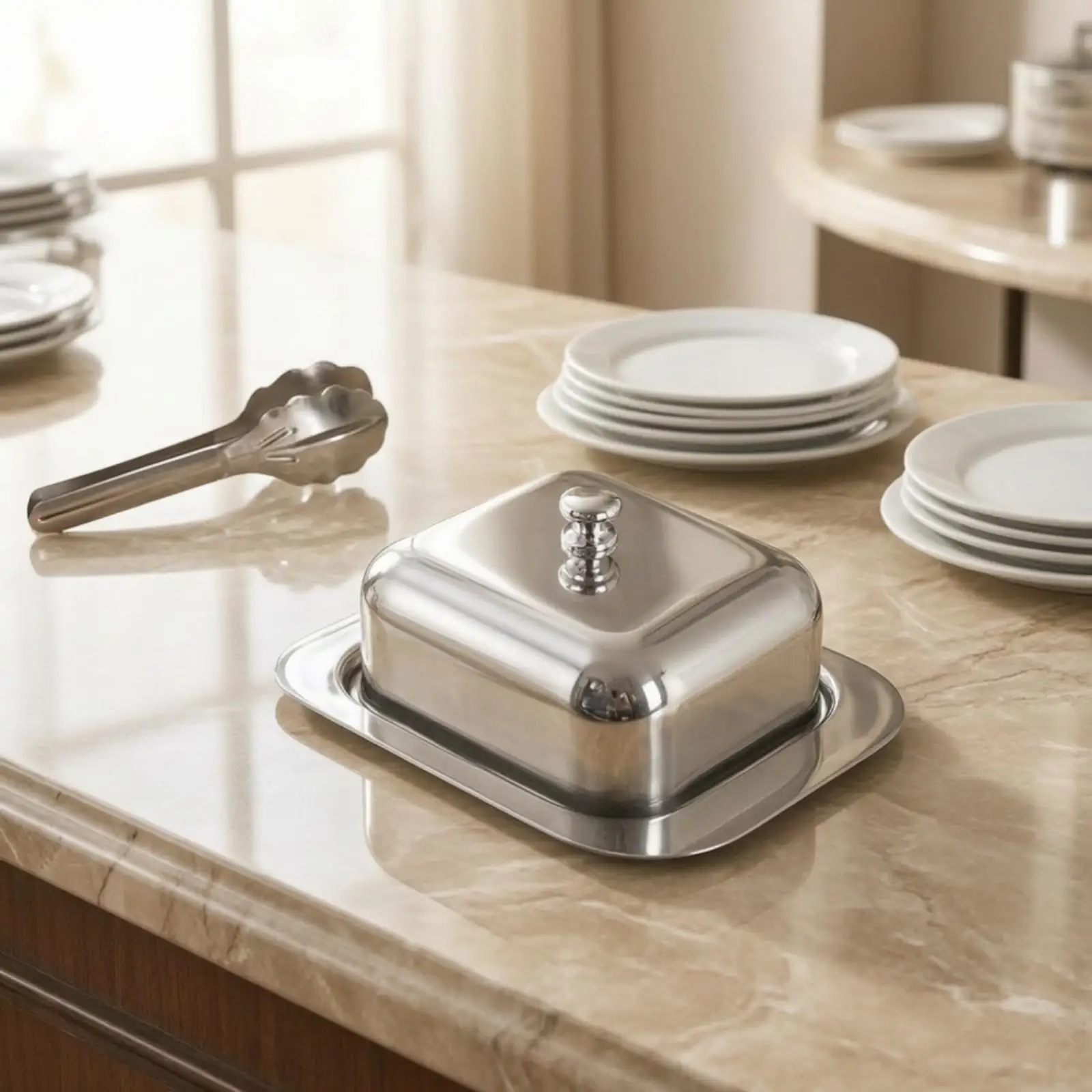 Polished Steel Butter Container with Lid for Daily Meal Service and Casual Home Kitchen Storage with Easy Lift Knob