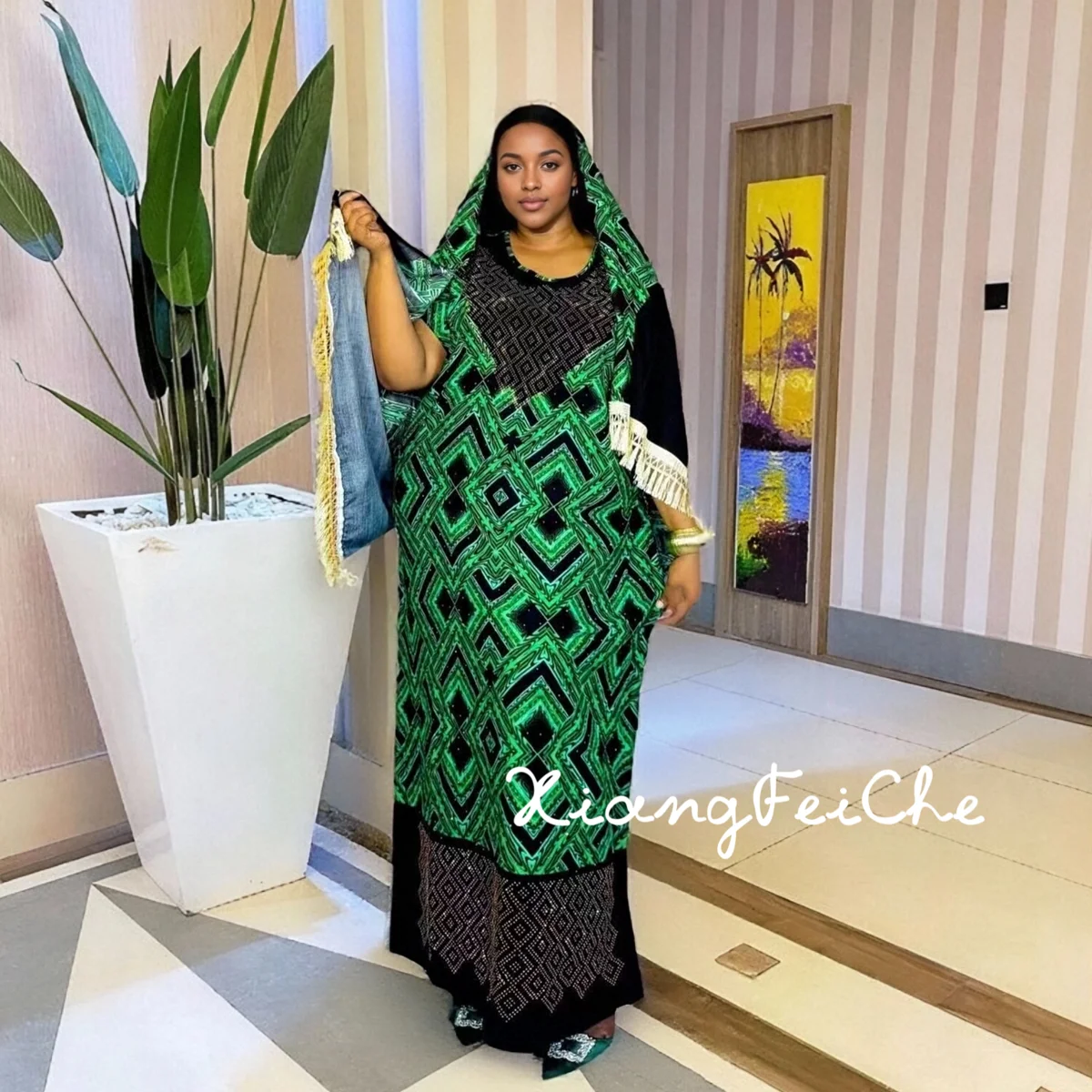 

New Fashionable Summer Loose Casual Printed Breathable Middle Eastern Daily African Cotton Dress with Scarf for Women