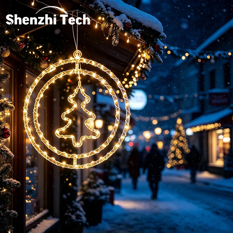 Christmas Hanging Wreath Light Warm White LED Circular Hanging Ornament Light with Inner Christmas Tree Pattern 32cm Window Wall