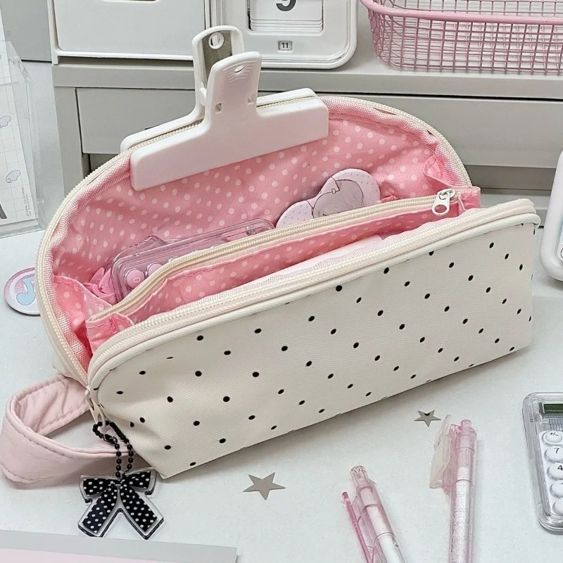 Cute Korean Style Girl Large Capacity Makeup Bag Star Dot Cosmetic Pouch Student Handheld Pencil Case Stationery Storage Bag
