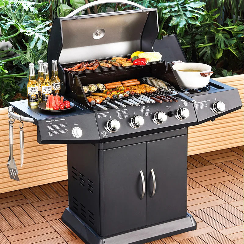 Gasgrill für den Außenbereich mit Edelstahlbrenner, 5+1 rauchfreier, beweglicher Grill