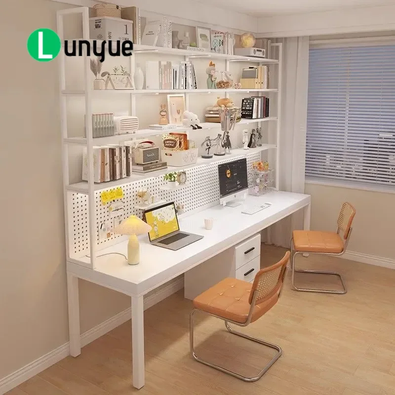 Hole board double computer desk white writing table junior high school student study table solid wood desk bookcase bookshelf