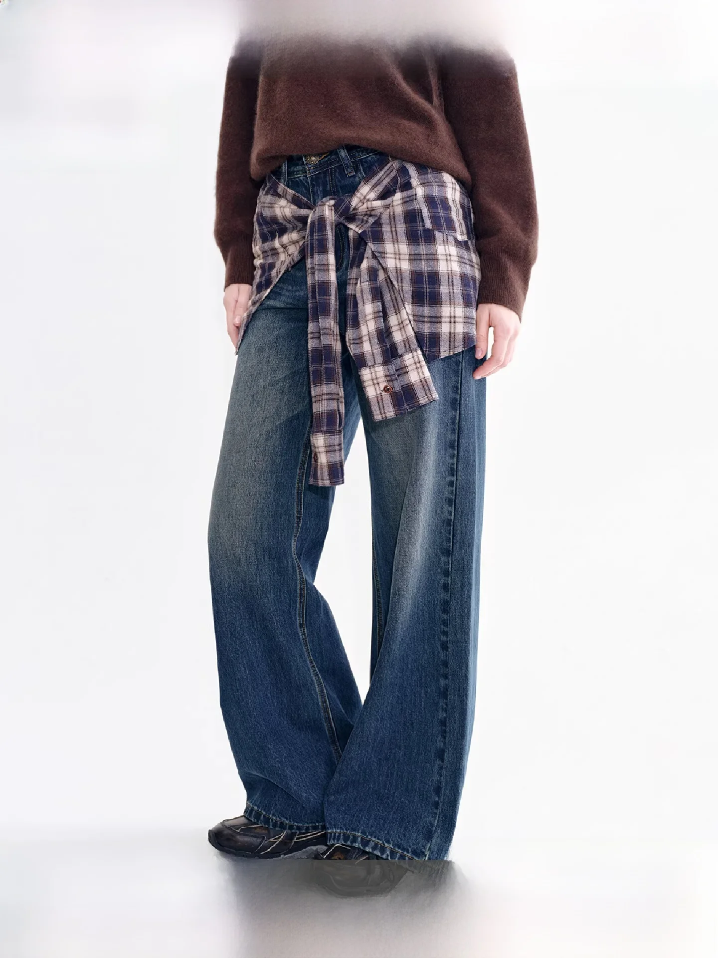 

Fano Slimming Plaid irt Jeans Casual Wide Leg Cotton Denim Blue Removeable Two-Way Wear Super Sli Autumn Winter Ladies