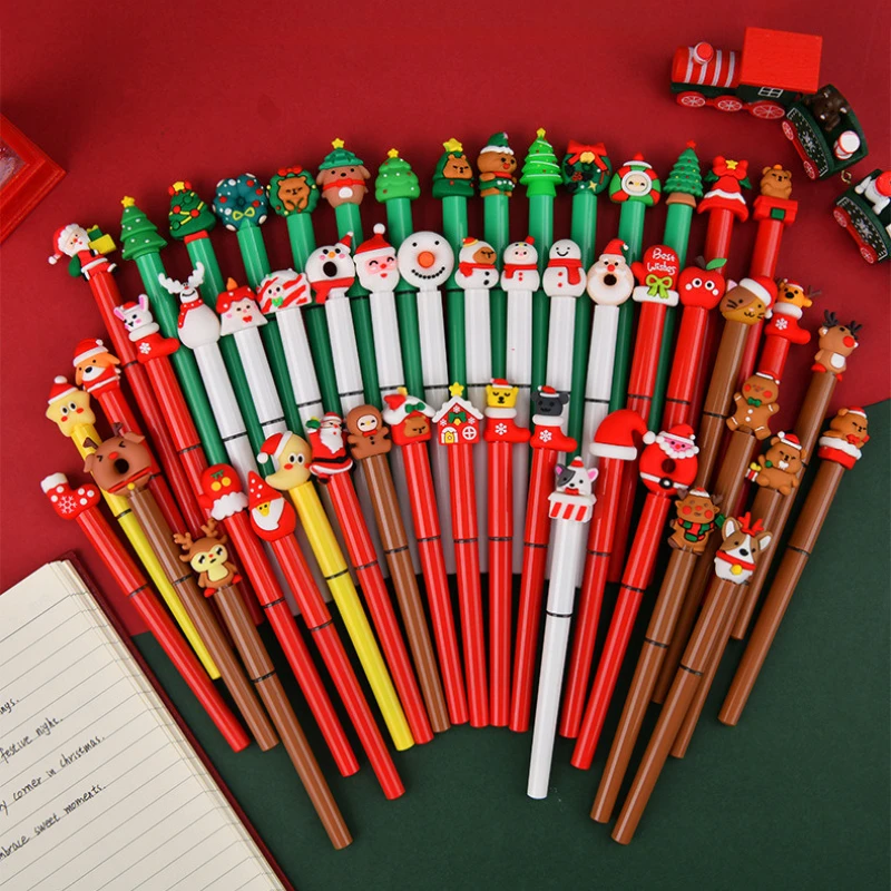 30Pcs/Lot Cute Christmas Cartoon Liquid Rollerball Pen 0.5mm Black Ink Straight Liquid Pen Kids Students Writing Stationery Gift