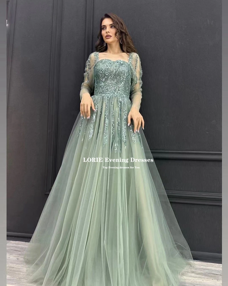 LORIE Mint Green Tulle Evening Dresses Charming Lace Appliques Party Dress 2023 A-line Cap Sleeves Formal Occasion Prom Gowns