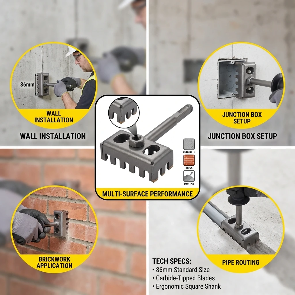Square Hole Cutter for Electricians 86mm Box Dedicated Carbide Tip Concrete Drill Bit with Anti-Slip Handle