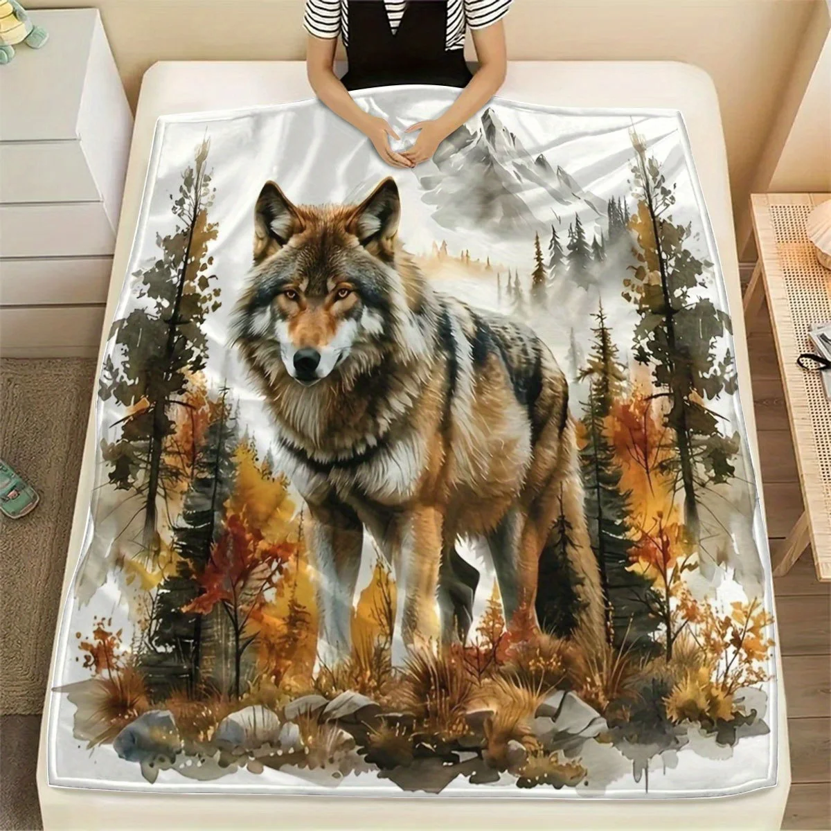 Majestic Wolf Portrait Throw Blanket Forest Wilderness Theme Rustic Cabin Decor Fleece Throw Tapestry for Bedroom Living Room