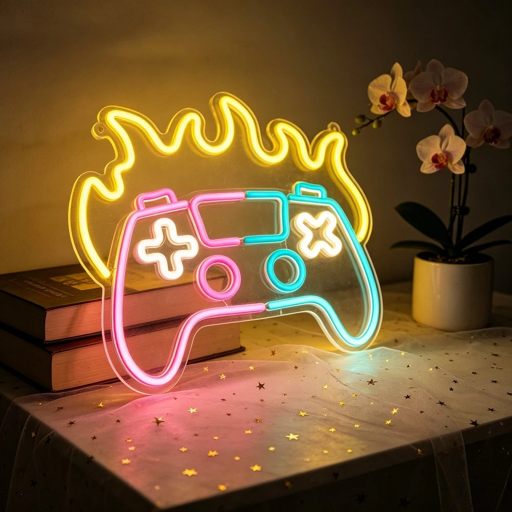 Gaming Neon Sign LED Light Flame Controller for GameRoom Bedroom Decor USB Rechargeable Wall Art Sign Video Gamer Boyfriend Gift