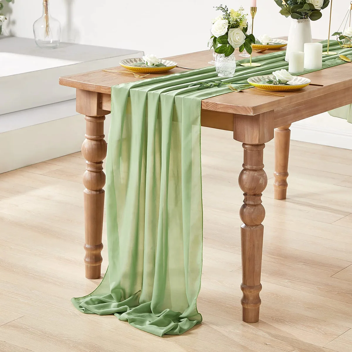 Sage Green Chiffon Wedding Table Runner Table Setting Gauze Sheer Vintage Dining Birthday Party FestivalCake Table Decor